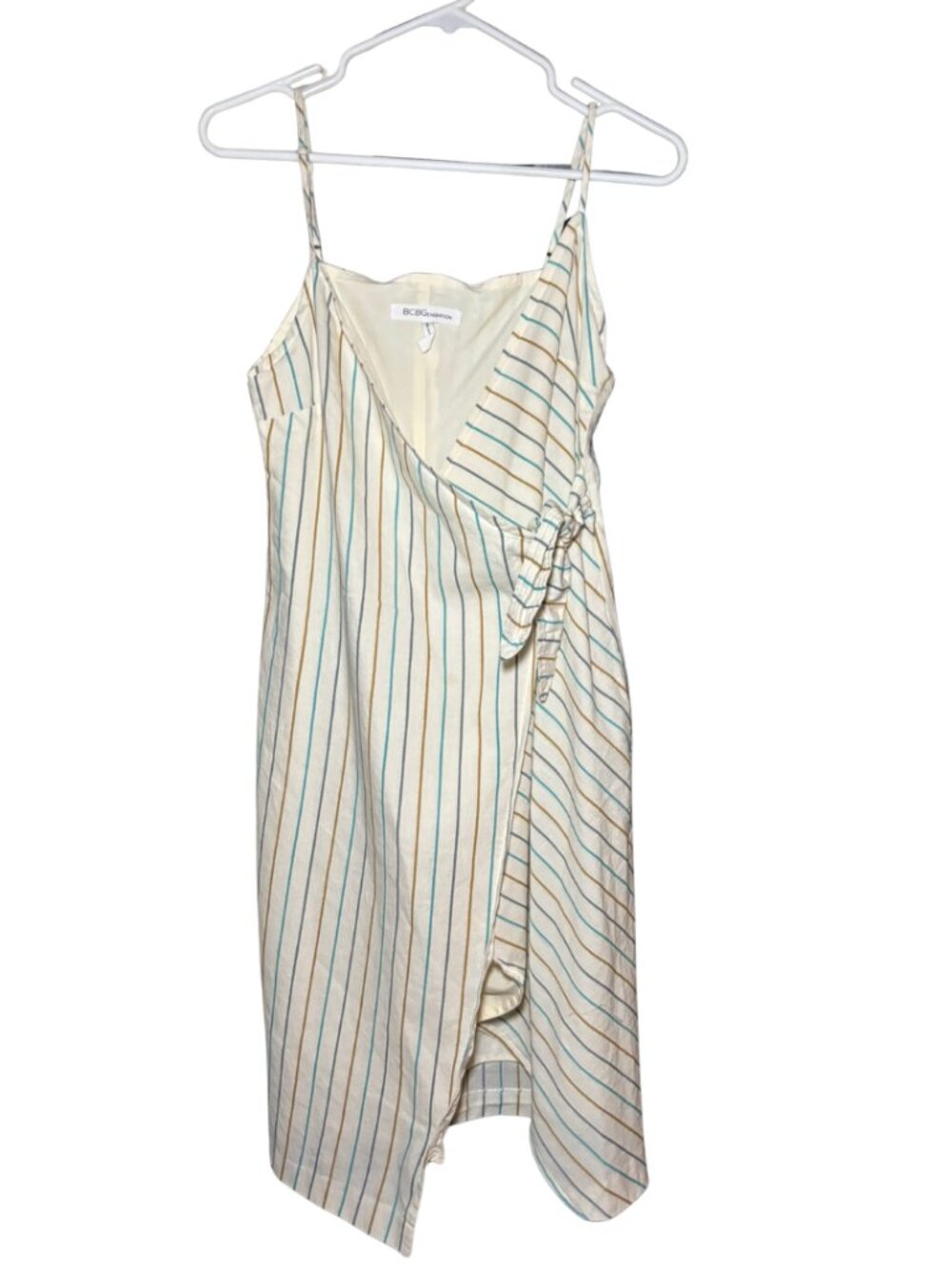 BCBGeneration Striped Wrap Dress Sz S Cream Blue Sleeveless Summer Casual